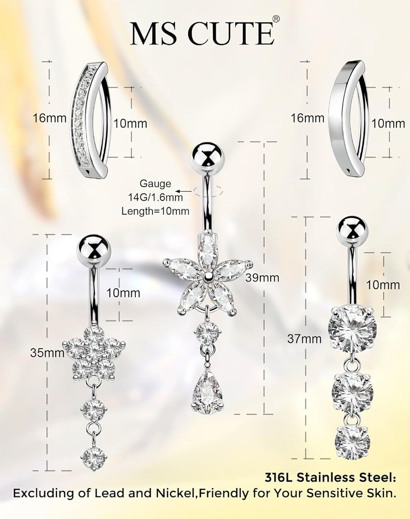 MS CUTE 5PCS Belly Button Rings for Women 14G Dangle Navel Piercing Jewelry Set Surgical Stainless Steel Body Jewelry with CZ Butterfly Flower Teardrop Barbell for Beach Festival Daily - Image 4